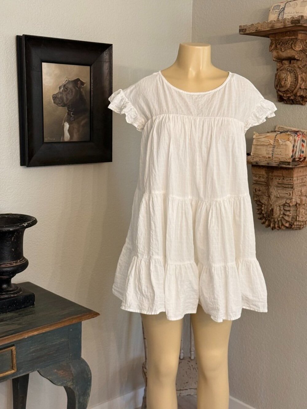 White Cotton Mini Dress w/gathered layers rounded neckline ruffle edged sleeve